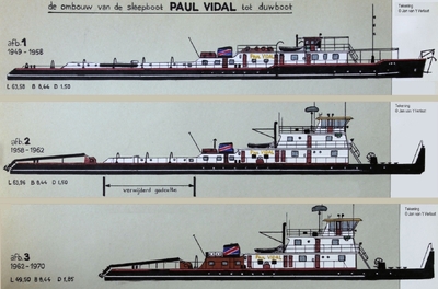 Jan van 't Verlaat maakte drie mooie tekeningen van de Paul Vidal: eerst als sleepboot (zie afb 1), daarna na de eerste ombouw tot duwboot (zie afb. 2), en tot slot na de inkorting (ze afb. 3.). Deze tekeningen horen bij het verhaal dat hij schreef bij de tekst die nu onder bijzonderheden staat.